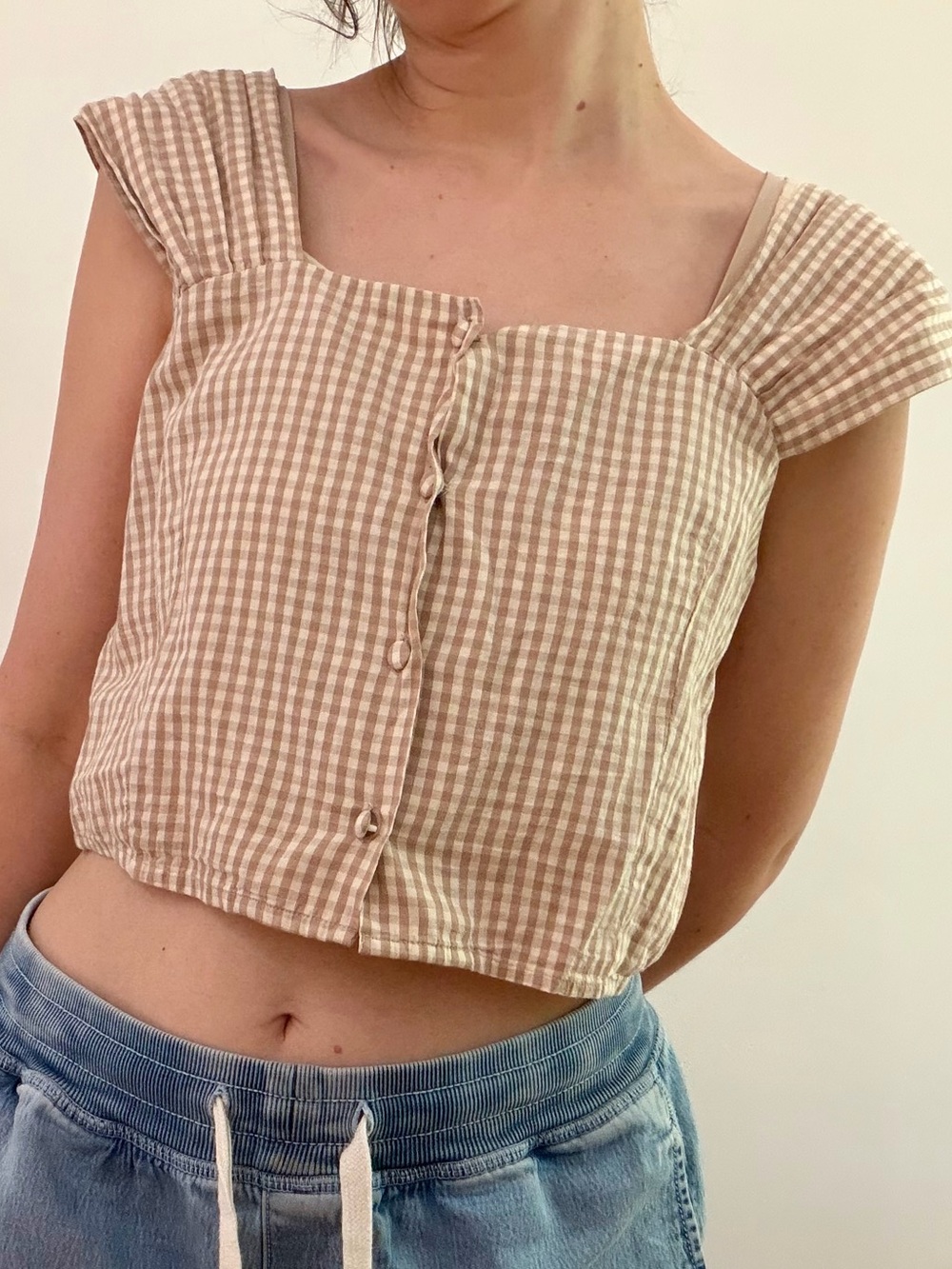 OAK + FORT Beige Gingham Square-Neck Crop Top